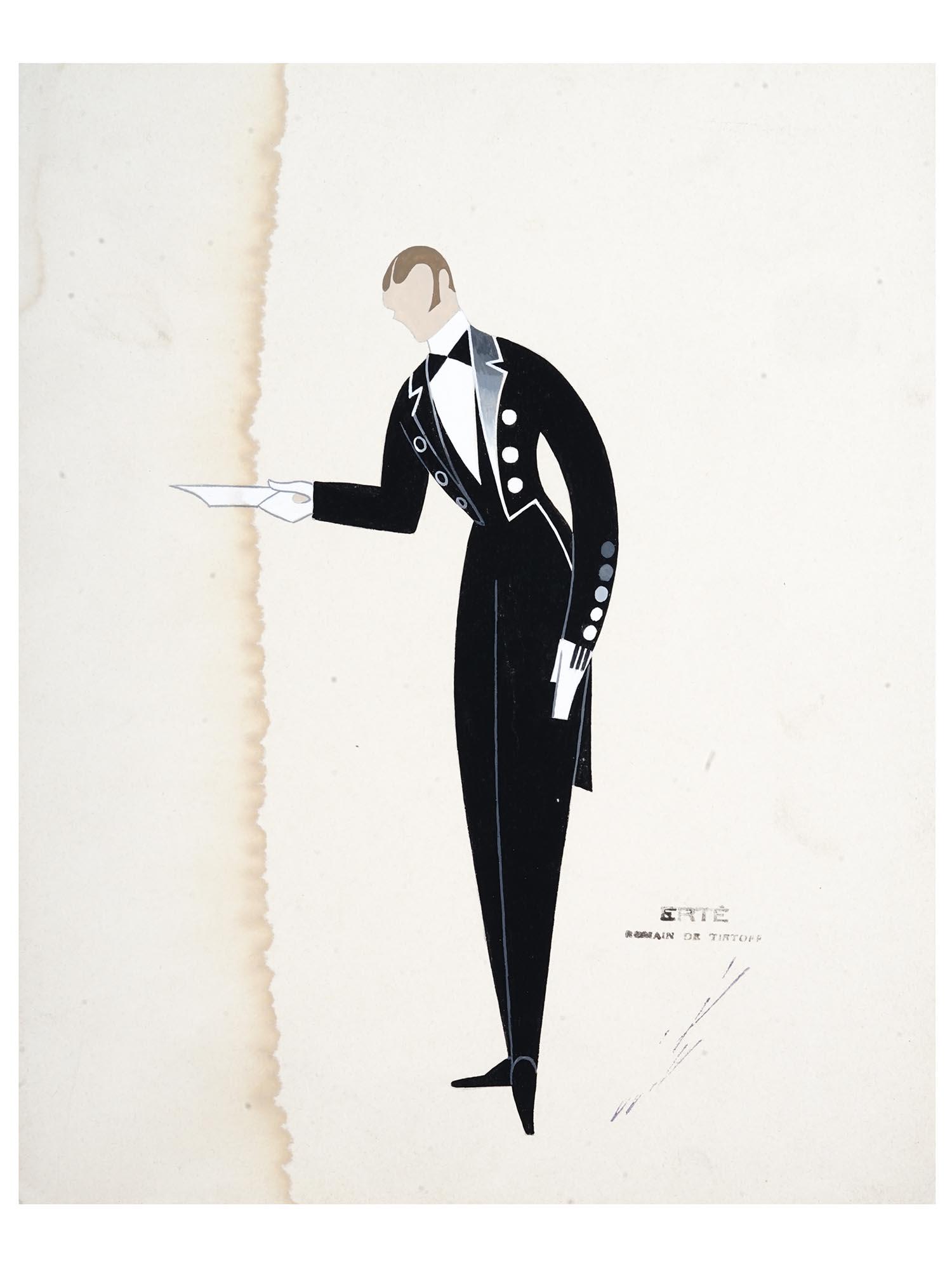 MID CENT RUSSIAN DESIGN PAINTING GONZAGUE BY ERTE: Romain de Tirtoff, Russian, 1892 to 1990, gouache on paper painting depicting a man in a smoking suit, titled Gonzague. Signed lower right by the artist. Numbered 7462 and sealed with the artists stam