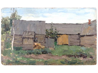 RUSSIAN VILLAGE OIL PAINTING BY MIKHAIL NESTEROV: Mikhail Vasilievich Nesterov, Russian, 1862 to 1942, oil painting on board depicting a rural house in a landscape. Signed lower right. Framed. Inscribed and signed certification in Cyrillic on the bac