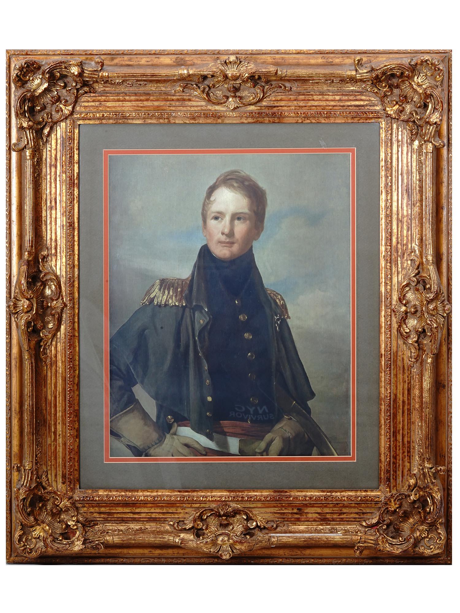 WATERCOLOR PORTRAIT OF THOMAS BIDDLE AFTER SULLY: Watercolor on paper painting depicting a portrait of major Thomas Biddle, 1790 to 1831, an American military hero during the War of 1812. A copy of a 1832 painting by Thomas Sully, 1783 to 1872, a Bri