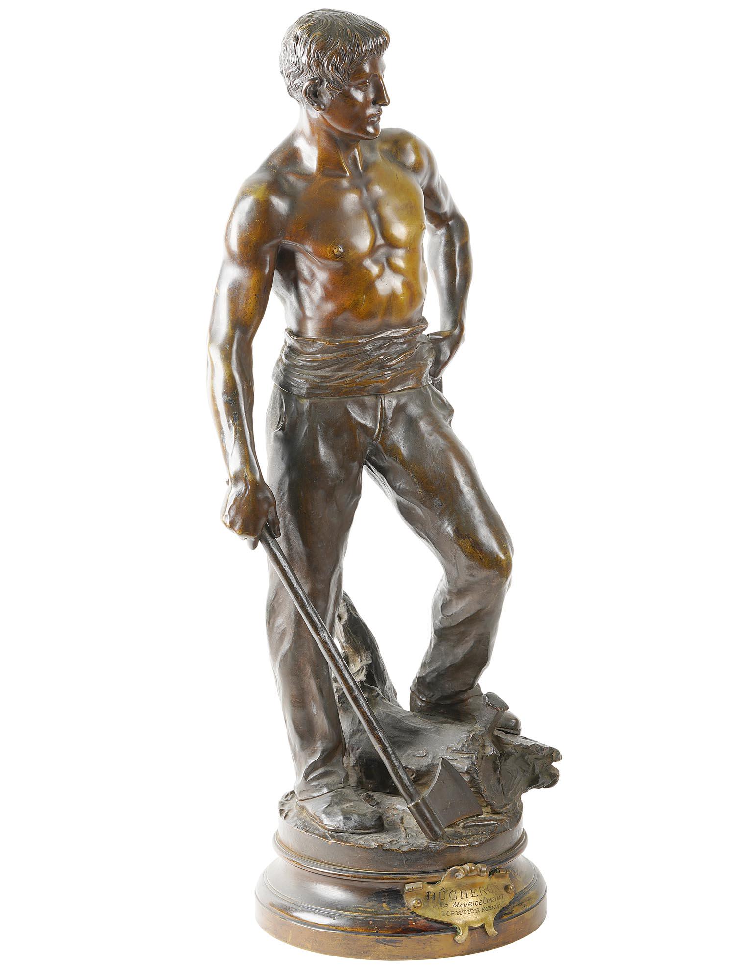MAURICE CONSTANT BOUCHERON FRENCH BRONZE FIGURE: Maurice Joseph Constant, French, 1892 to 1970, a fine cast bronze sculpture Boucheron, modeled as a semi nude man holding an ax, Raised on a round bronze base with an attached metal plaque inscribed: