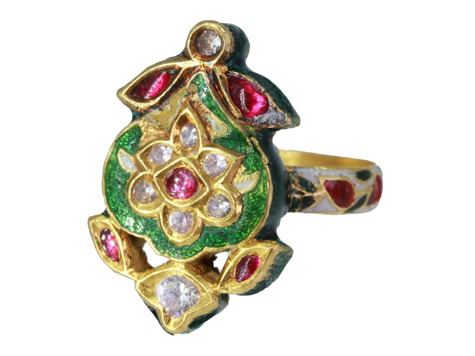 22K GOLD INDIAN ENAMEL RUBY DIAMONDS JEWELRY RING (1 of 7)