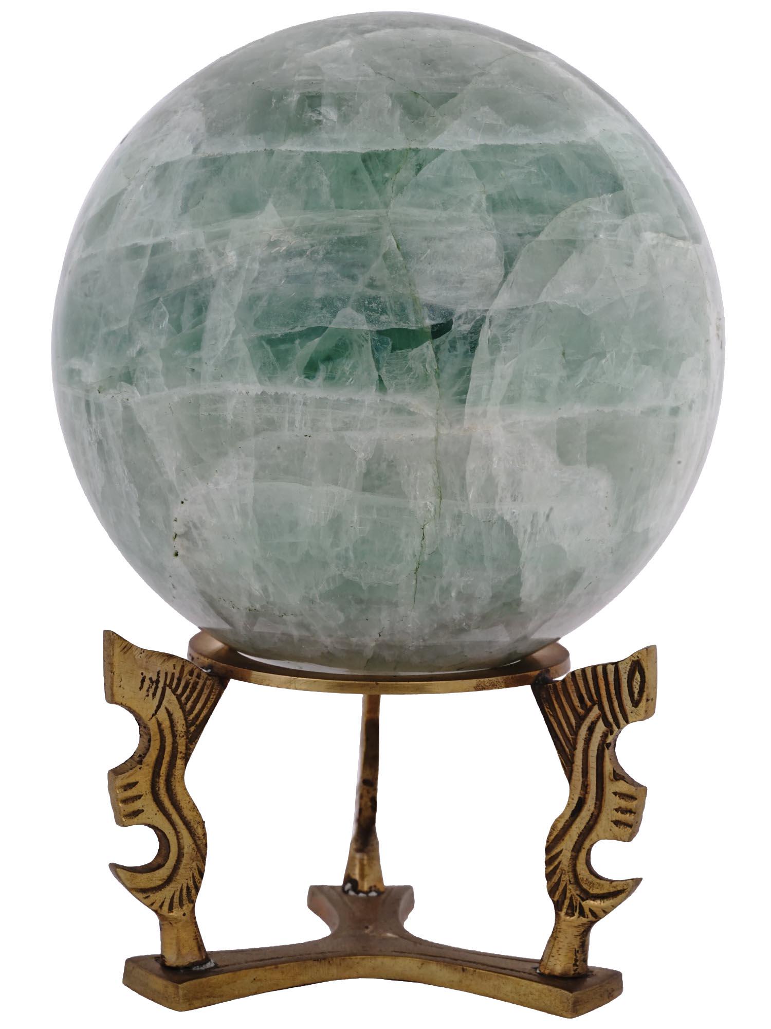 GREEN FLUORITE STONE SPHERE WITH GILT BRASS STAND (1 of 2)
