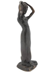 RUSSIAN BRONZE BY PAOLO TROUBETZKOY W PROVENANCE: An antique Russian bronze figurine with a dark patina represents a young girl arranging her hair. Signed P. Troubetskoy on the base. Prince Paolo Troubetzkoy, 1866-1938, was a prominent Russian artist