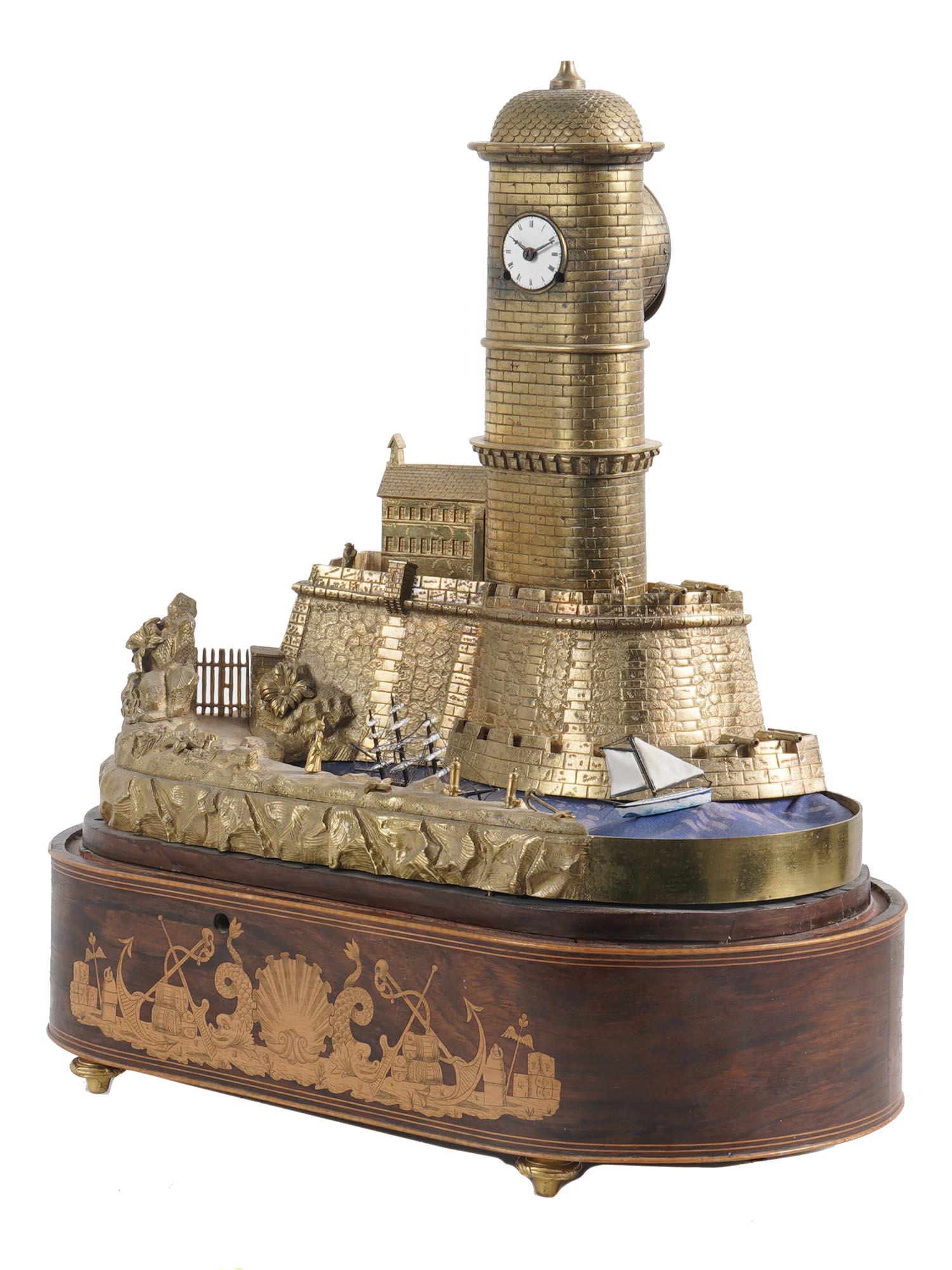 ANTIQUE 19C FRENCH ORMOLU AUTOMATON CASTLE CLOCK: An antique French ormolu automation clock modeled as a castle with a circular dial set in the castle tower shaped case flanked by a harbor with two rocking ships. Stand on a footed wooden base with na