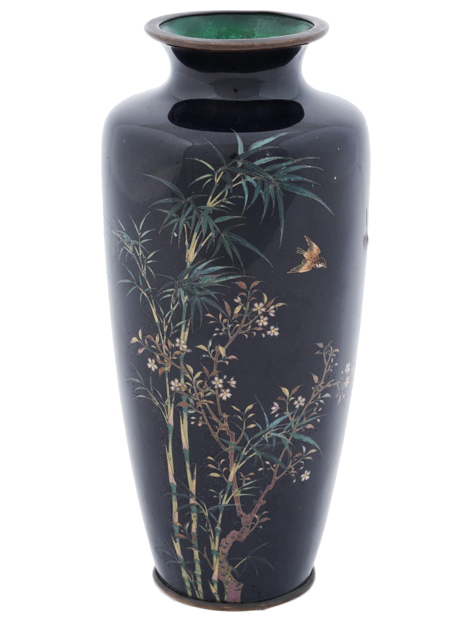 JAPANESE CLOISONNE VASE ATTR TO HAYASHI KODENJI: An antique Japanese Meiji Era enamel vase attributed to Hayashi Kodenji, Japanese, 1831 to 1915. Circa 1900s. Unsigned. The baluster form vase is enameled with polychrome bamboo tree and gold sparrow