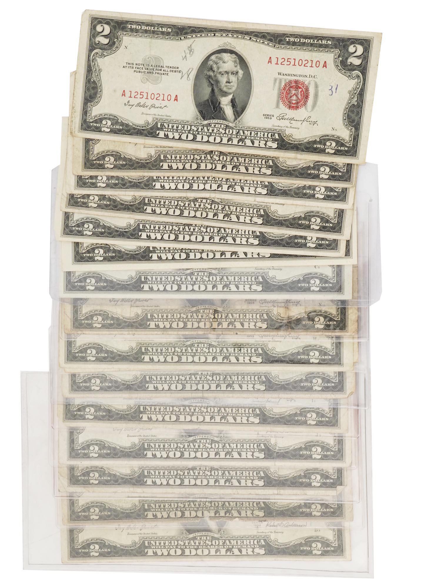 AMERICAN 1953 TWO DOLLAR RED SEAL BANKNOTES: A set of 16 American 1953 two dollar banknotes, each featuring a red seal on the right hand side of the bill. On the front of the bill, there is a portrait of Thomas Jefferson and on the reverse side,