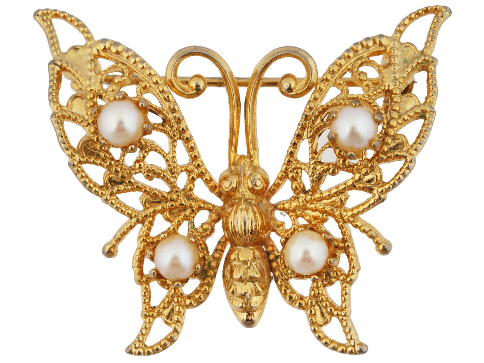 14K GOLD BUTTERFLY DESIGN PIN BROOCH WITH PEARLS (1 of 2)