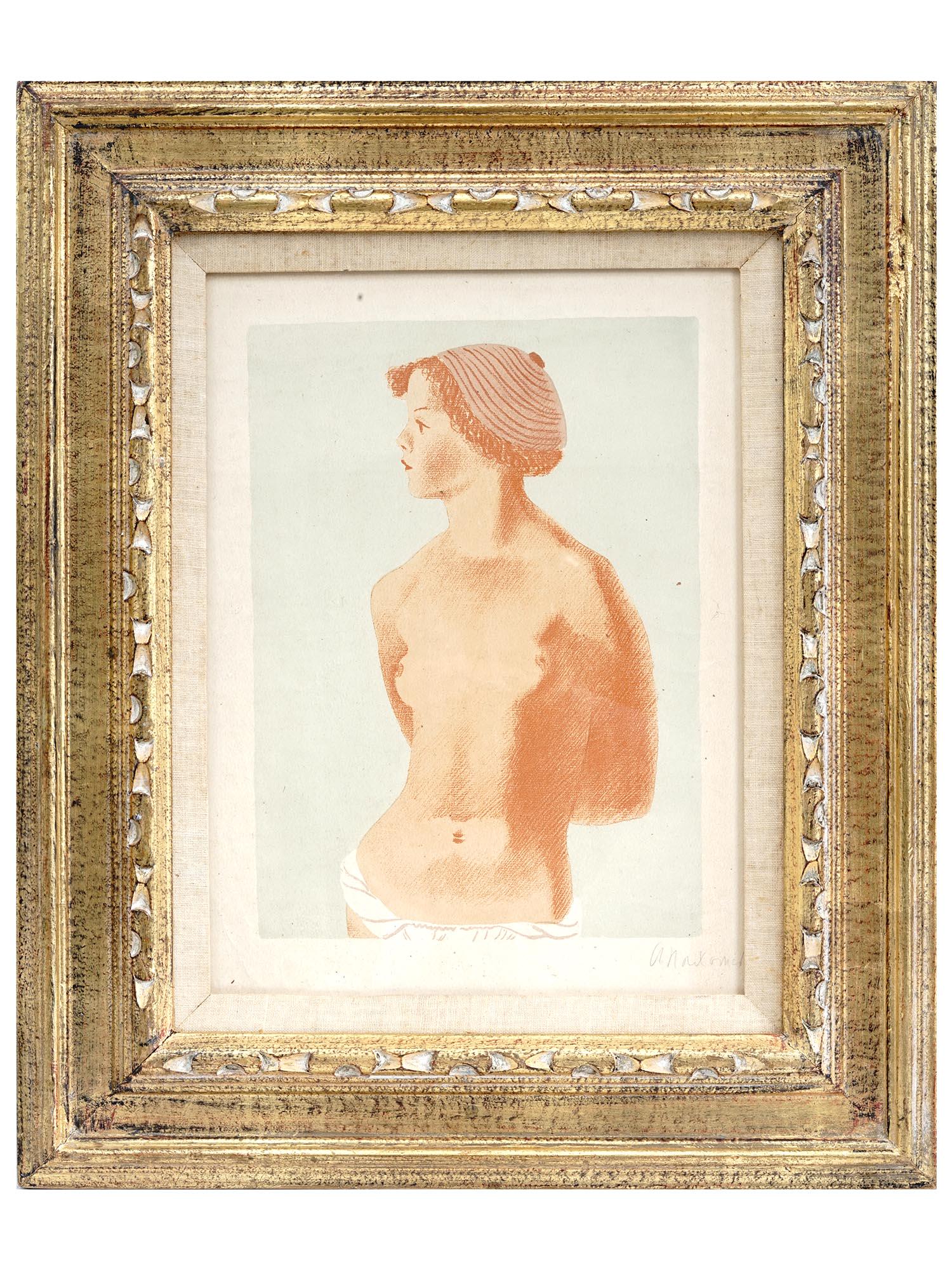 RUSSIAN SOVIET AP LITHOGRAPH BY ALEXEI PAKHOMOV: Alexei Pakhomov, Russian, 1900 to 1973, an auto-lithograph print depicting a nude female portrait, 1935. Signed in pencil lower right. Additionally signed and dated to the back. Framed. Alexei Fedorov