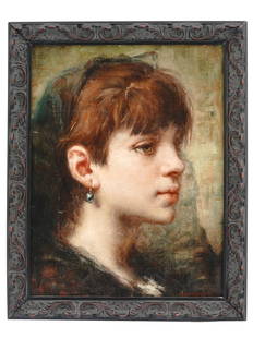 RUSSIAN PORTRAIT OIL PAINTING BY ALEXEJ HARLAMOFF: Alexej Alexejewitsch Harlamoff, Russian, 1840 to 1925, oil painting on canvas depicting a Portrait of a Girl with Blue Earring, Signed lower right. Framed. Provenance: Shapiro Auctions, Mamaroneck, NY