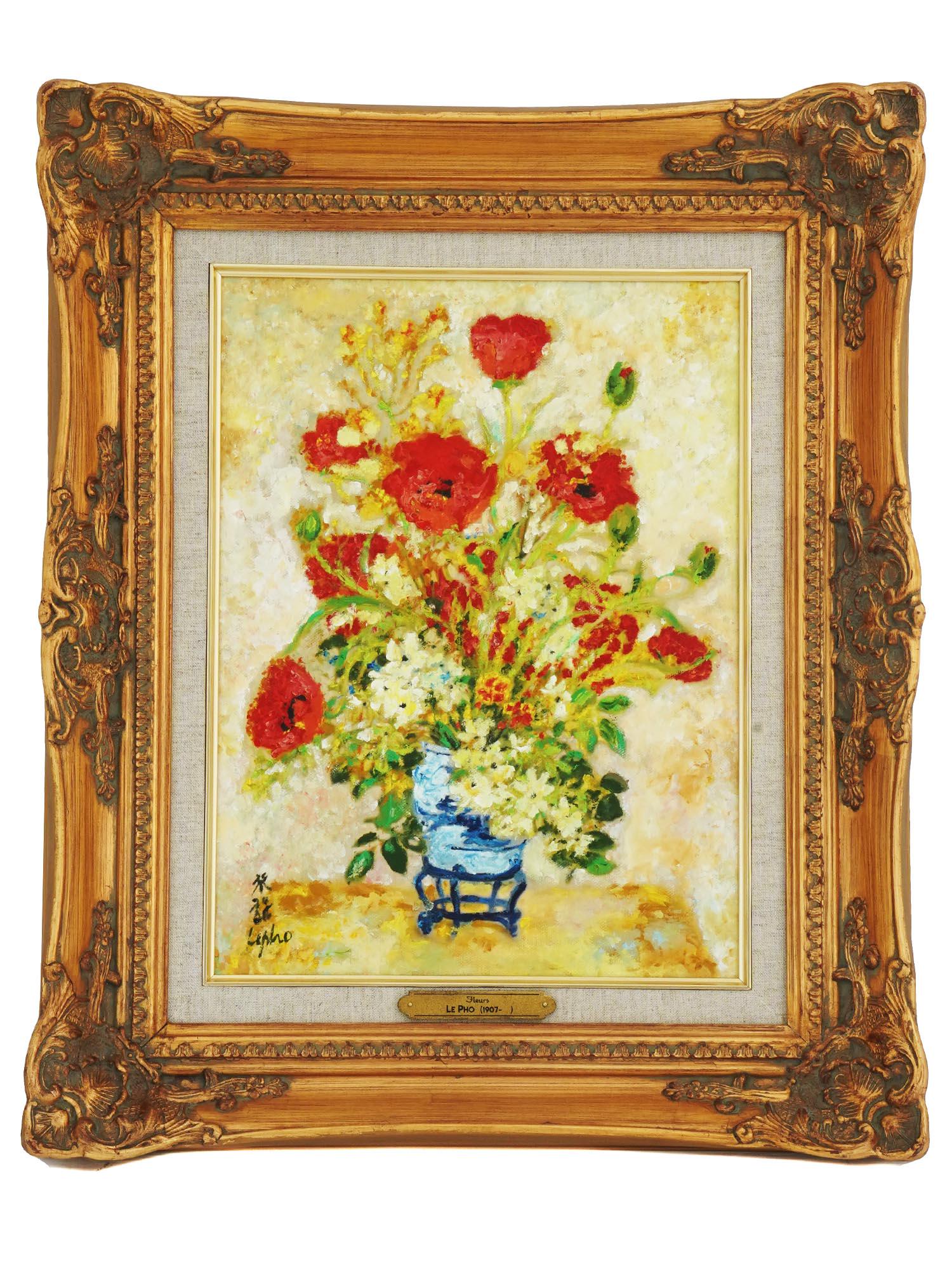 VIETNAMESE FRENCH FLOWERS OIL PAINTING BY LE PHO: Le Pho, Vietnamese, French, 1907 to 2001, oil painting on canvas depicting a still life, Flowers. Signed with Hieroglyphs and in Latin lower left. Circa: 1960s to 1970s. Framed. Provenance: Gallery Fi