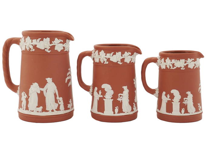 VINTAGE WEDGWOOD TERRACOTTA WHITE RELIEF PITCHERS (0119) on Dec 17, 2022 Antique Arena Inc. in NY