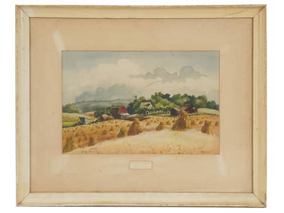 AMERICAN RURAL SCENE COLOR PRINT AFTER ADOLF DEHN: Adolf Arthur Dehn, American, 1895 to 1968, color lithograph print on paper, Minnesota in August, 1938. Signed in print and dated lower left. Framed. A paper label showing the name of the artist and