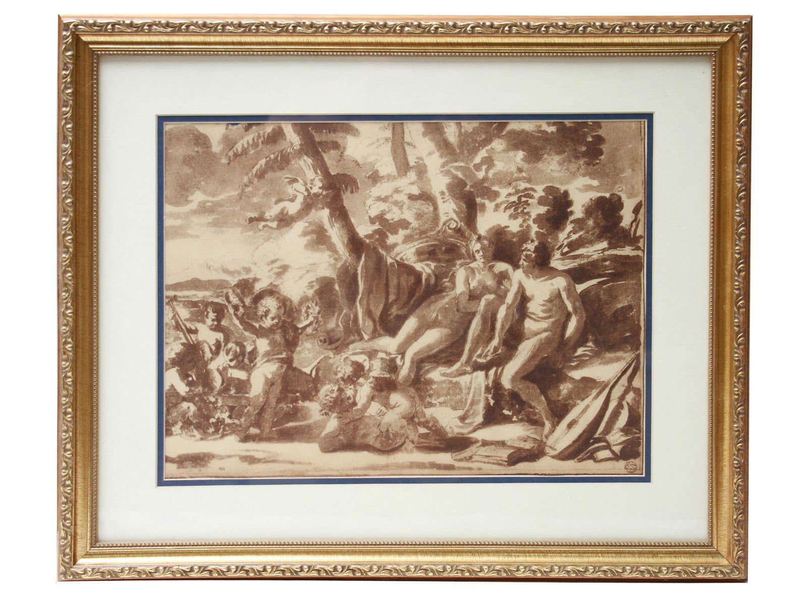 A FRENCH PRINT BY NICOLAS POUSSIN: Nicolas Poussin (French, Italian, 1594-1665) print on paper, Venus en Mercurius. Signed with initials lower left and stamped lower right. Framed. Nicolas Poussin was the leading painter of the classic