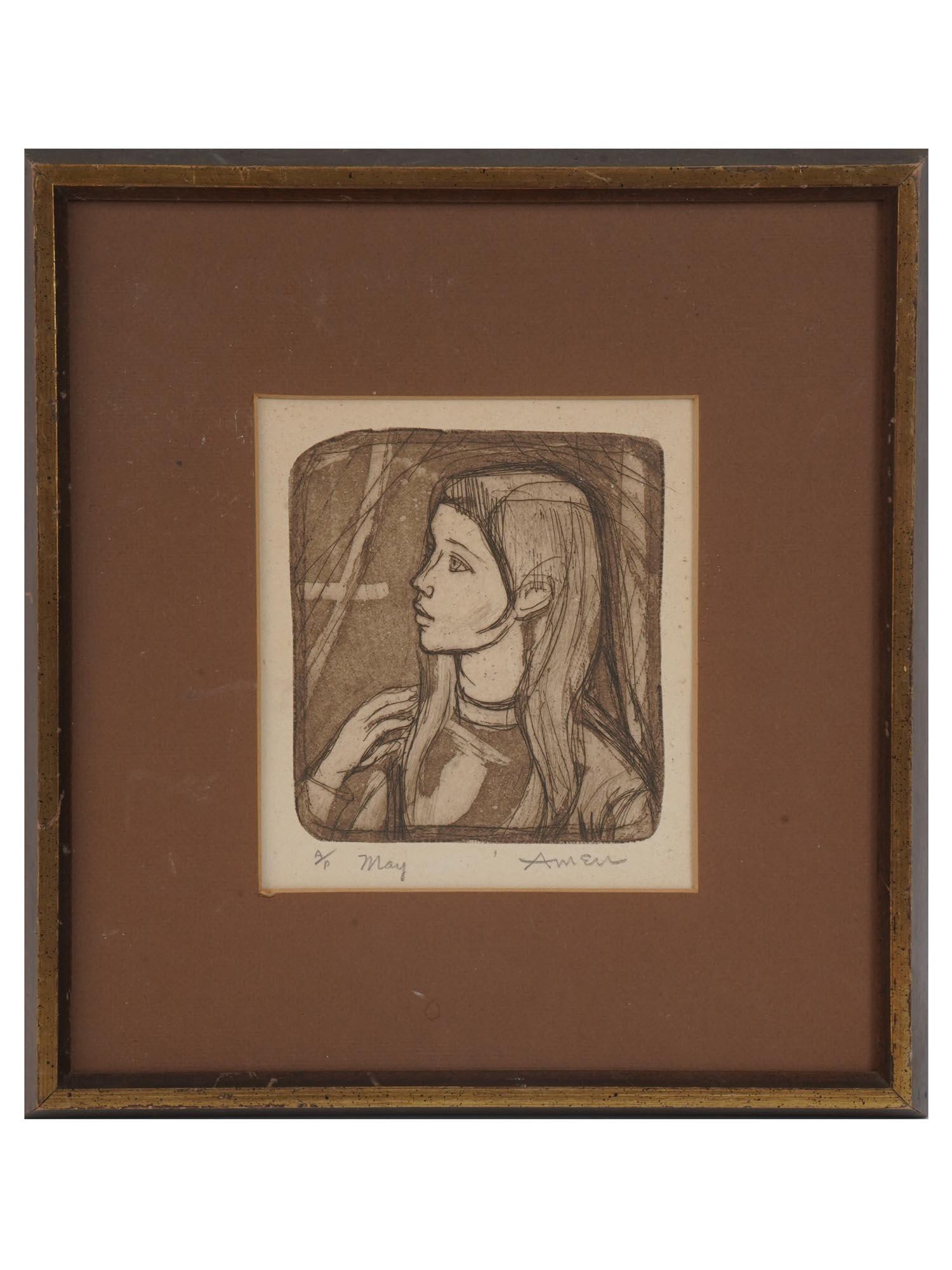 FRAMED FEMALE PORTRAIT ETCHING SIGNED IRVING AMEN (1 of 6)