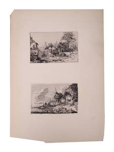 ANTIQUE SHEET WITH TWO ETCHINGS BY LALANNE: An antique 19th century paper sheet with two etchings by Maxime Lalanne, 1827-1886, French artist. Upper engraving depicts a view of a medieval cathedral in Fribourg, Switzerland. Location is signed i