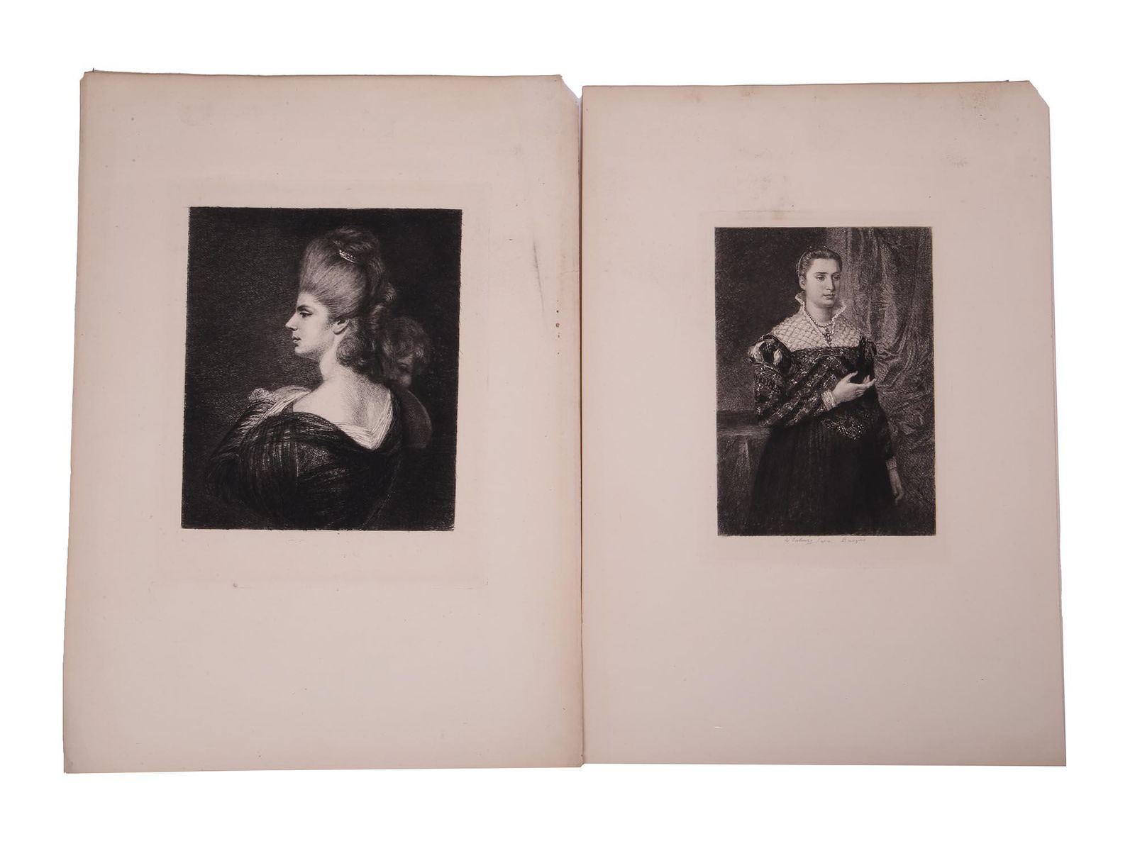 PAIR ANTIQUE EUROPEAN ETCHINGS OF FEMALE PORTRAIT: A pair of antique copper plate etchings on thick laid paper. The first: Portrait of a Lady after Agnolo Bronzino, born Agnolo di Cosimo but most commonly referred to as Bronzino; engraved by master et