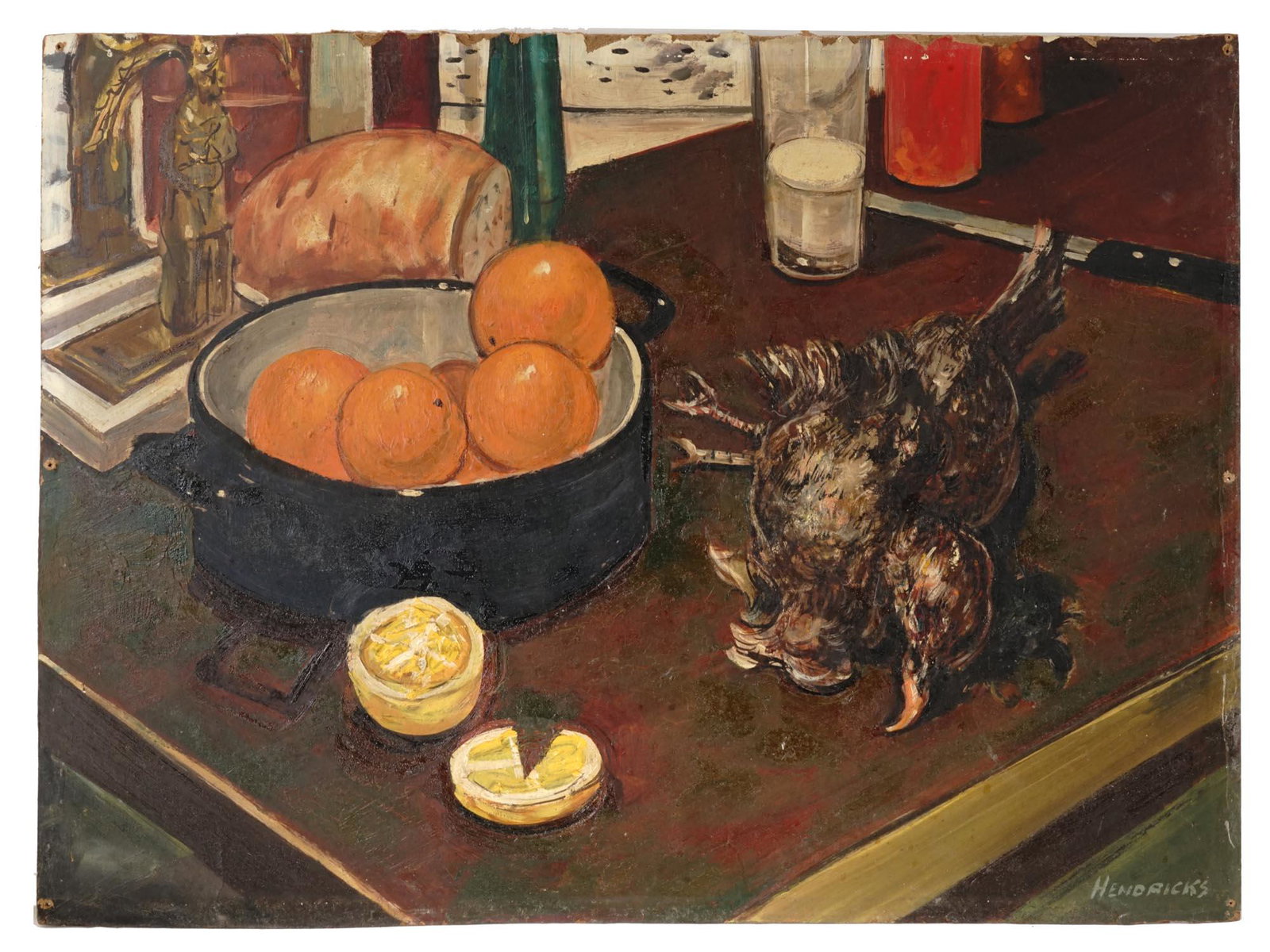 AMERICAN STILL LIFE OIL PAINTING BY KAY HENDRICKS: Oil on canvas painting by Kay M. Hendricks, 1923 to 2005, an American artist known for his still lives and Western scenes. The artwork depicts a still life with a dead bird, oranges, and lemons. Signe