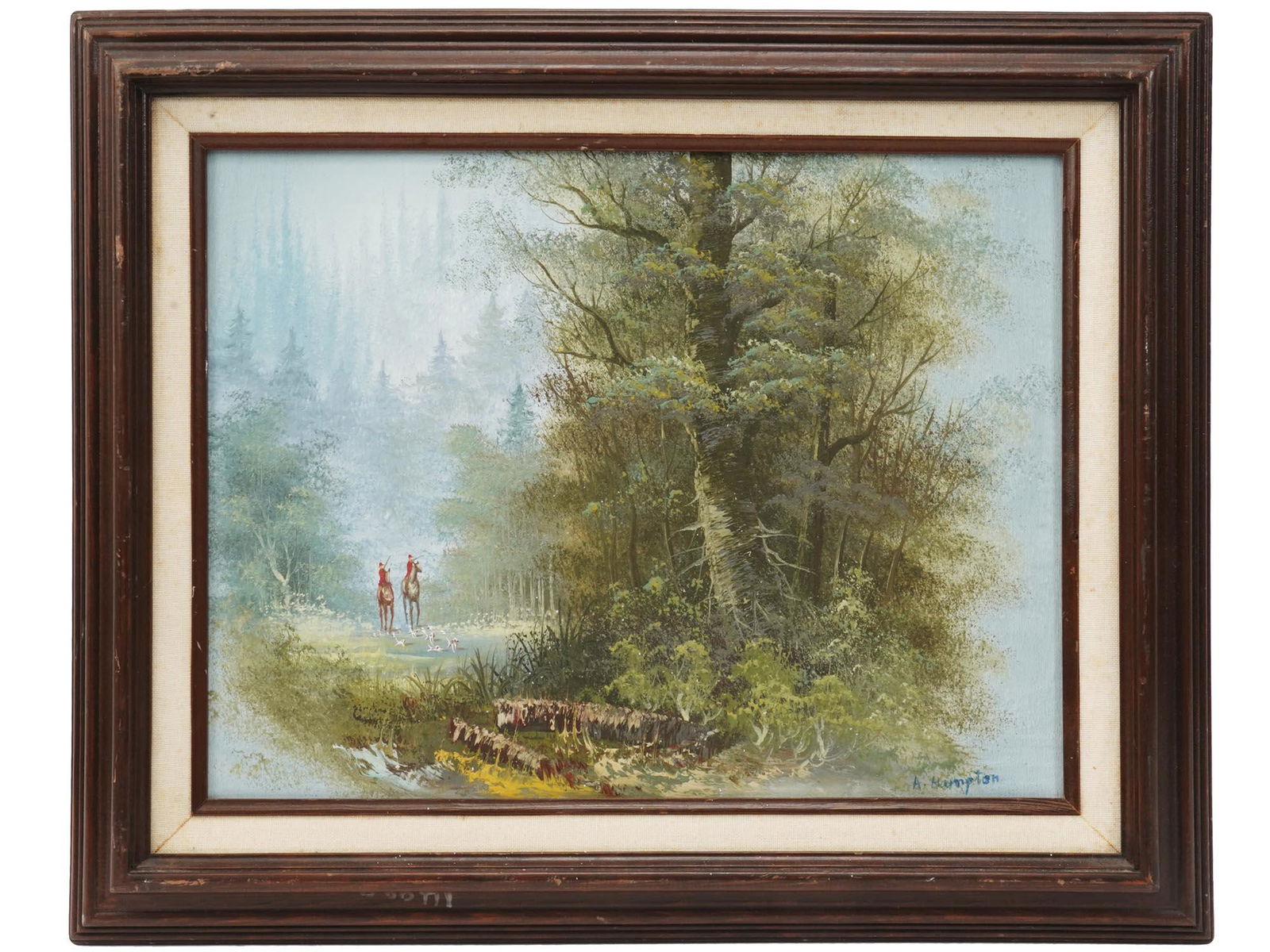 BRITISH SCHOOL IMPRESSIONIST OIL PAINTING SIGNED: An antique British school oil painting on canvas depicting a hunting scene in a forest in the manner of Impressionism. Signed by the artist, A. Hampton, lower right. Framed. Impressionism originated w
