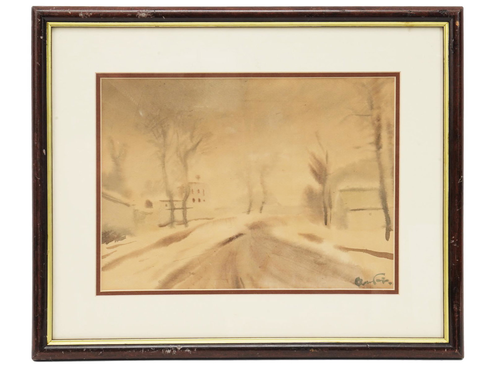 LANDSCAPE WATERCOLOR PAINTING SIGNED BY ARTIST: A vintage watercolor painting on paper depicting a rural winter landscape. Illegibly signed by the artist lower right. Framed. Vintage and Modern Paintings, Wall Art, Home Decor, and Collectibles, One