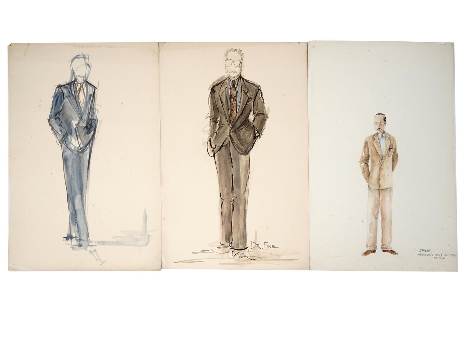 MALE COSTUME DESIGN PAINTINGS SIGNED BY T DORMAN: A collection of three mixed media, gouache and pencil, paintings on paper depicting various male theatre costume designs. Signed and inscribed by the artist, T. Dorman. One is inscribed, Dr. Fine, low
