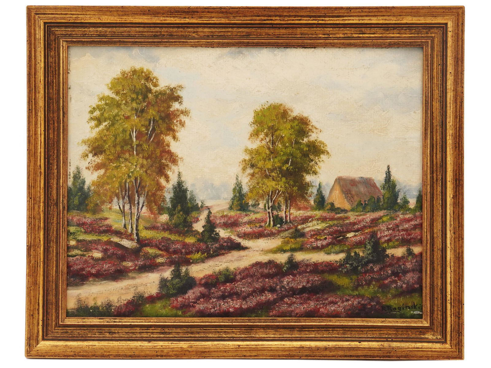 IMPRESSIONIST LANDSCAPE PAINTING BY R BAGINSKI: Oil on board painting representing a rural landscape. Impressionist art style. Signed by the artist in the lower right. R. Baginski, born 1900, was a Polish painter. Golden frame. Nature Landscape Art