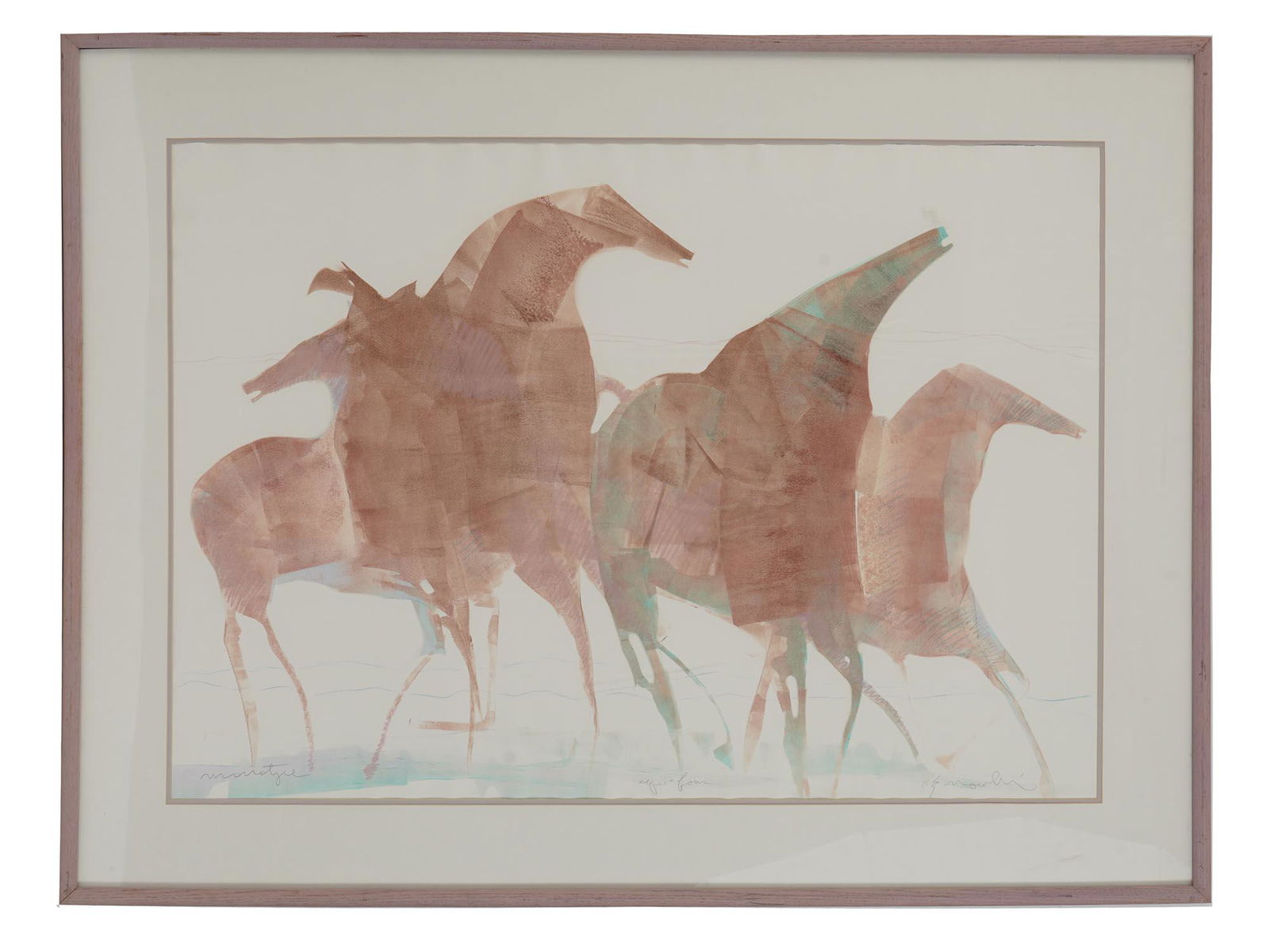 ABSTRACT WATERCOLOR PAINTING OF HORSES, SIGNED (1 of 5)