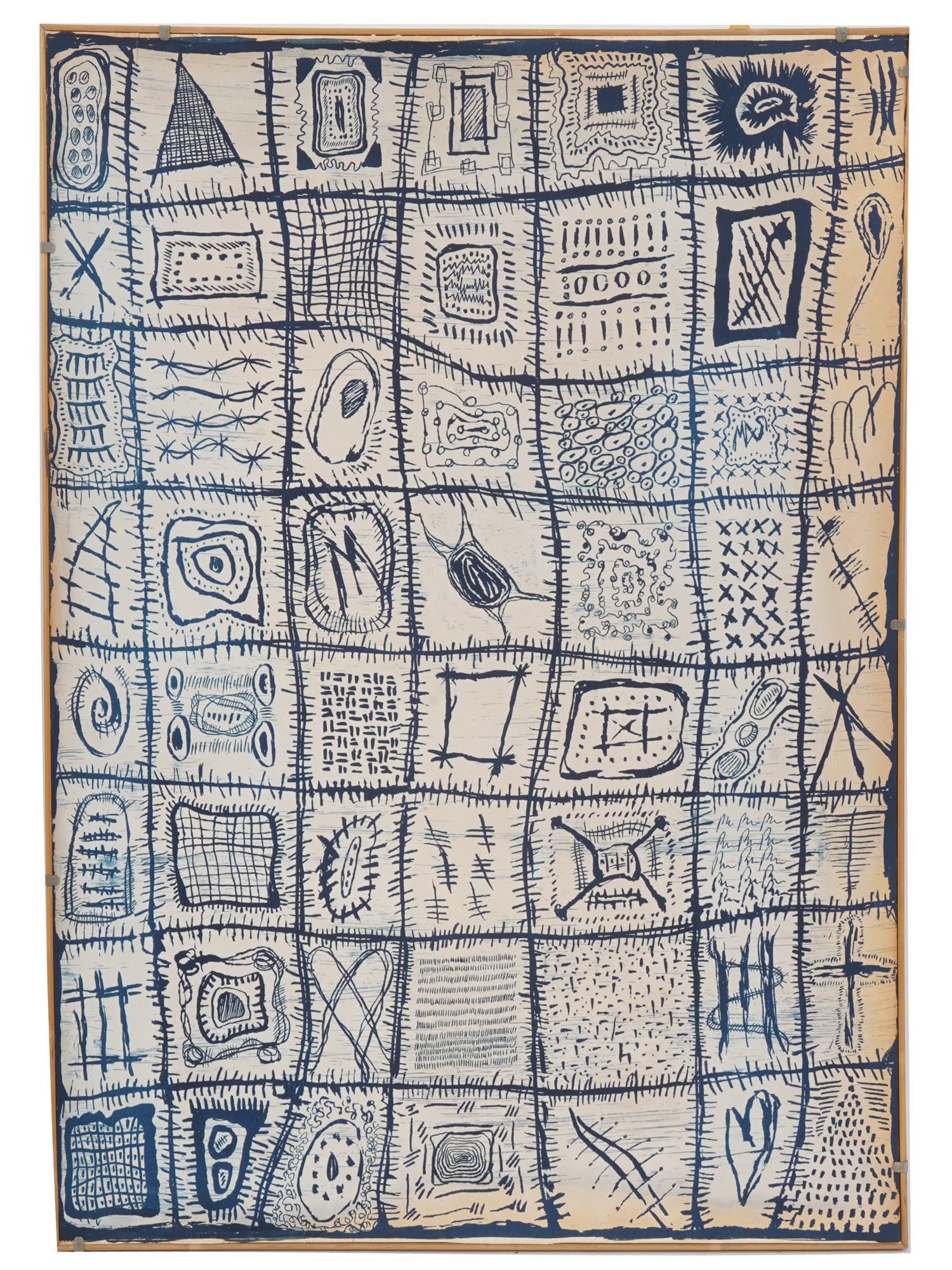 MARINA STROCCHI STYLE PRIMITIVE ACRYLIC PAINTING: An acrylic painting on paper depicting a composition in the manner of Primitivism. The artwork is in the style of Marina Strocchi, Australian, born 1961. Unsigned. Circa: 20th century. Framed. Marina 