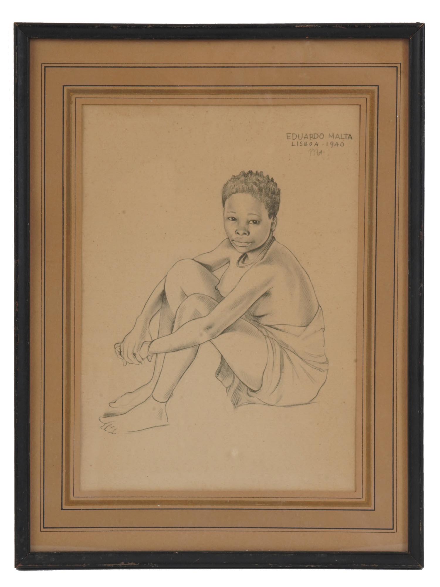 1940 PENCIL FEMALE PORTRAIT SIGNED EDUARDO MALTA: Pencil on paper drawing, a portrait of a seated semi-nude African woman. Signed Eduardo Malta, Lisboa and dated 1940 in the upper right. Eduardo Malta, 1900-1967, was a Portugese painter. He worked in
