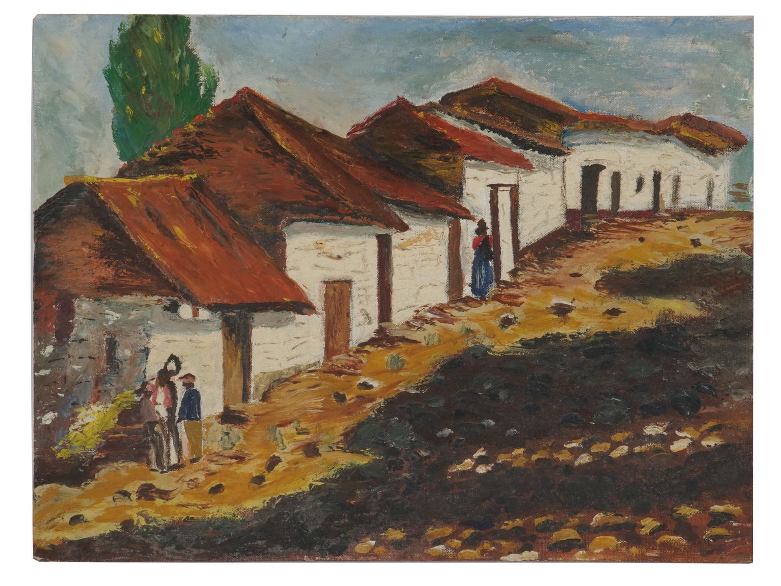 MID CENTURY OIL PAINTING VIEW OF AFRICAN VILLAGE: Oil on canvas painting, a landscape depicting an African village or rural town, white houses with tiled roofs and several figures. Impressionist art style. Gimbels Art Supply Department hallmark is on