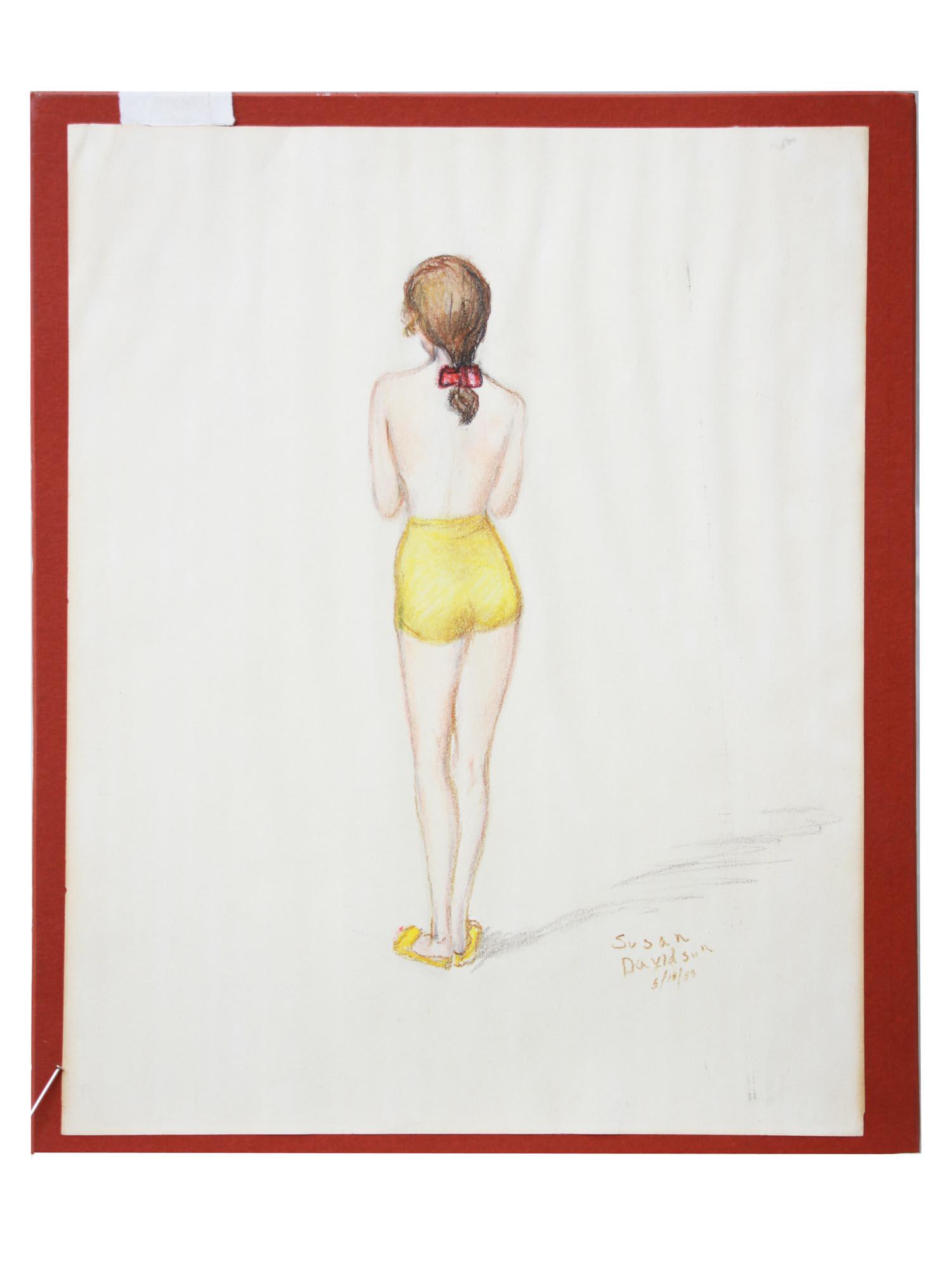 NEW ZEALAND PENCIL PAINTING BY SUSAN DAVIDSON: Susan Davidson (New Zealand modern artist) colored pencil painting depicting a girl in yellow shorts and shoes standing with her back, 1999. Signed and dated lower right. Framed. Dimensions: Mat size:
