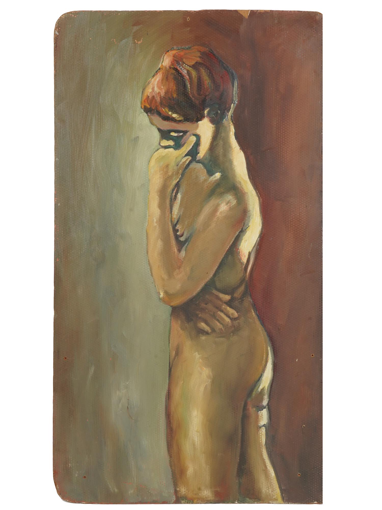 AMERICAN DOUBLE SIDE PAINTING BY FRANK GALLUCCIO: Frank Galluccio, double side oil on board painting depicting a nude male figure on one side and a fan on the window on the other. Signed and dated 1972. American Paintings For Collectors. Dimensions: 