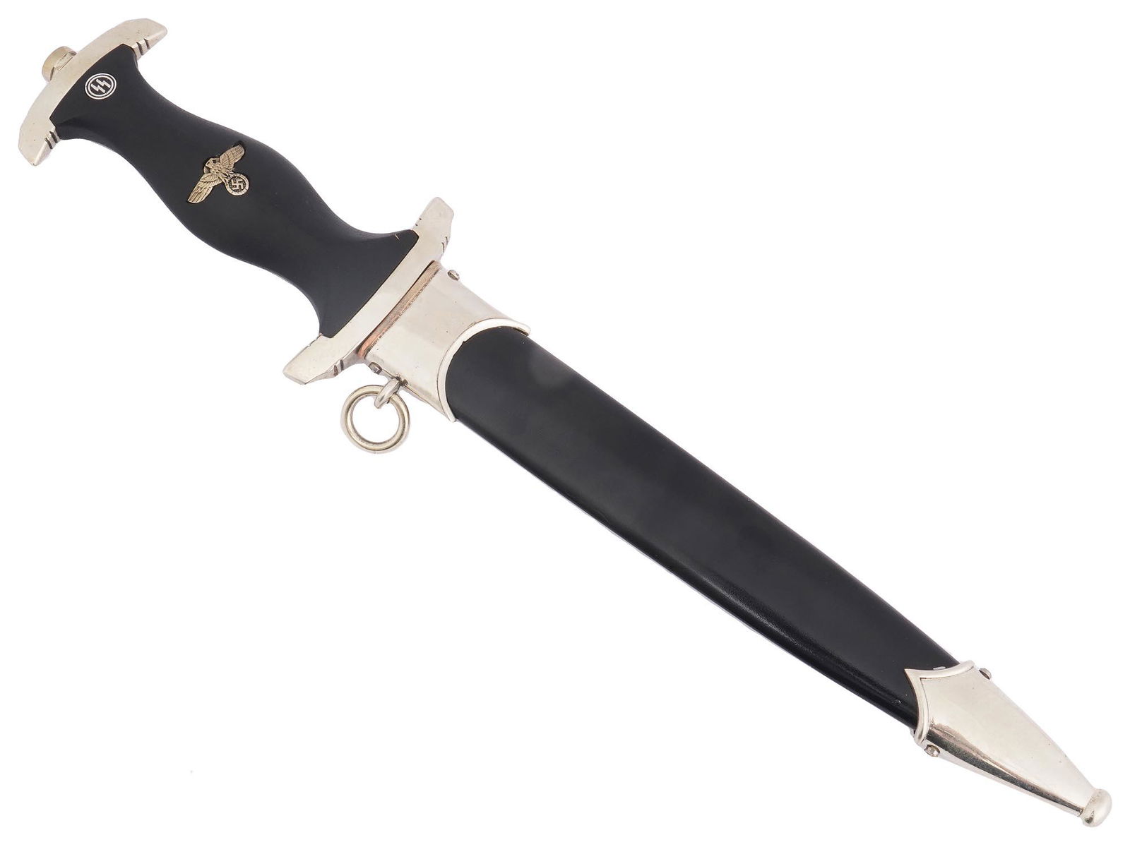 WWII NAZI GERMAN SS SERVICE DAGGER WITH SCABBARD: A WWII Nazi German SS service dagger, model 1933. A double-edged steel blade having a blued motto in German: Meine Ehre Heist Treue, translated as My honor is called loyalty. Features a black wooden g