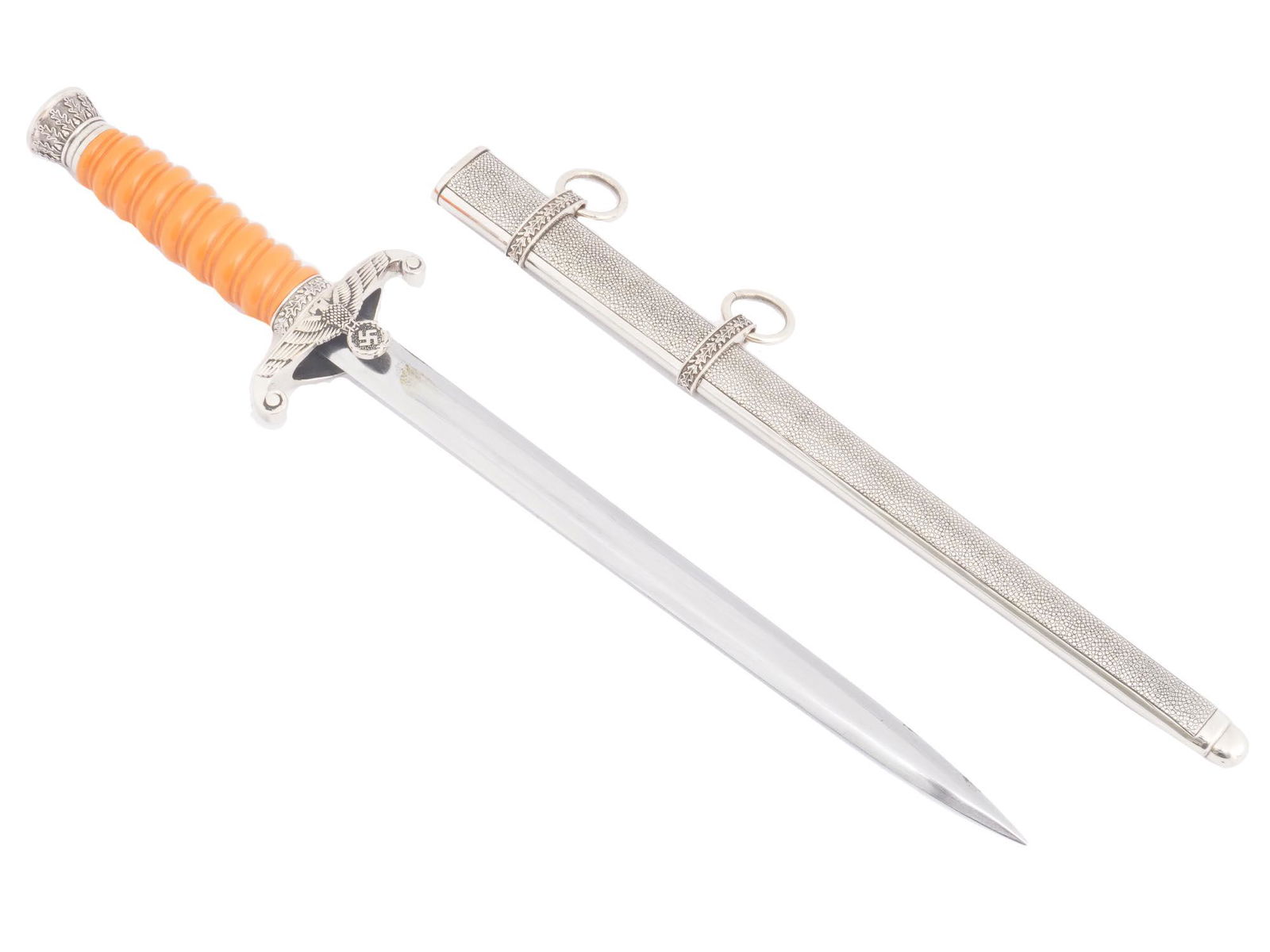 WWII NAZI GERMAN ARMY OFFICERS DAGGER BY EICKHORN: A WWII Nazi German army officers dagger features a forged steel nickel-silver plated construction, and a stiletto-style blade with a flat central ridge. The obverse crossguard shows the embossed army-