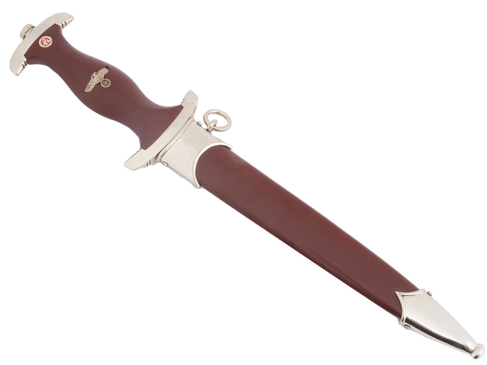 WWII NAZI GERMAN SA ALLES FUR DEUTSCHLAND DAGGER: A WWII Nazi German SA dagger with a double-edged steel blade having a blued motto Everything for Germany written in German. Features a fruitwood grip with an inset eagle clutching swastika and a round