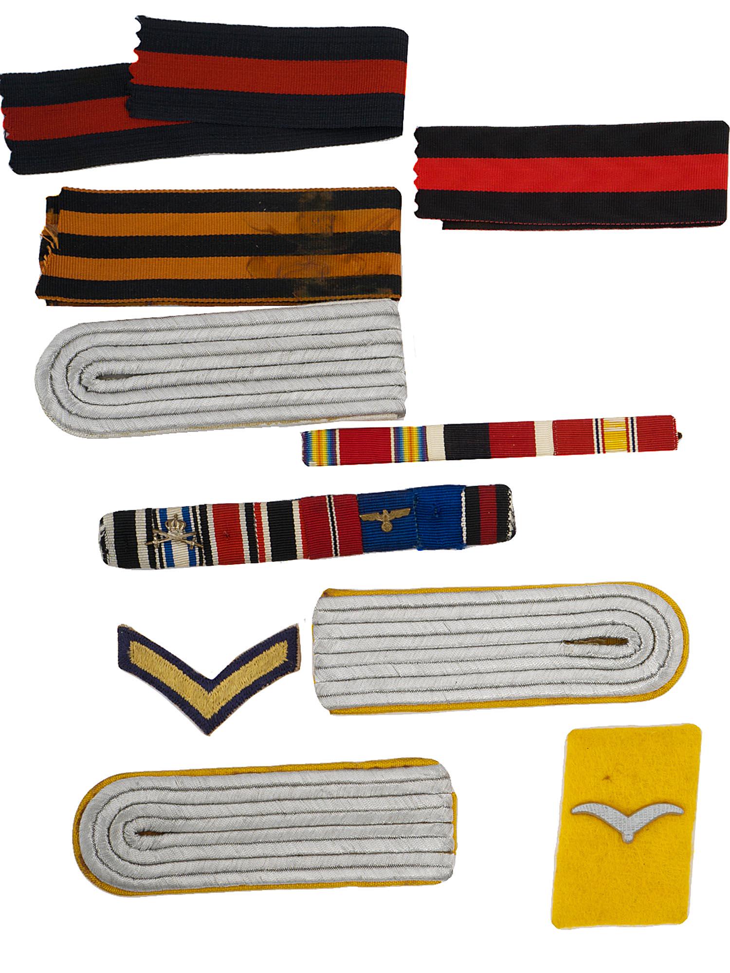 WWII ERA SOVIET AND NAZI GERMAN MILITARY INSIGNIA: A lot of mid-century Nazi German and Soviet shoulder straps, ribbons, collar tabs. A total of 10 items including a St. George Ribbon, a Luftwaffe Paratrooper Obersoldat collar tab, two ribbons of the