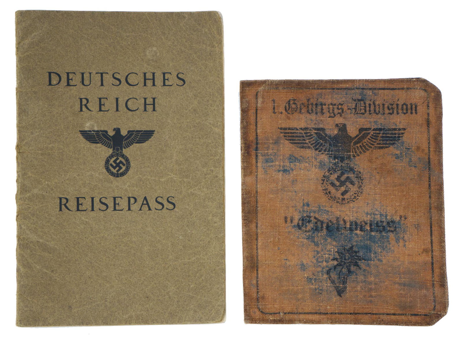 NAZI GERMAN THIRD REICH PASSPORT AND ID BOOKLET: A Nazi German Third Reich passport issued in 1937 to Gustav Wehling, with fulfilled pages and a passport photo and a description of some his features. An a Nazi German 1st Mountain Division Edelweiss 