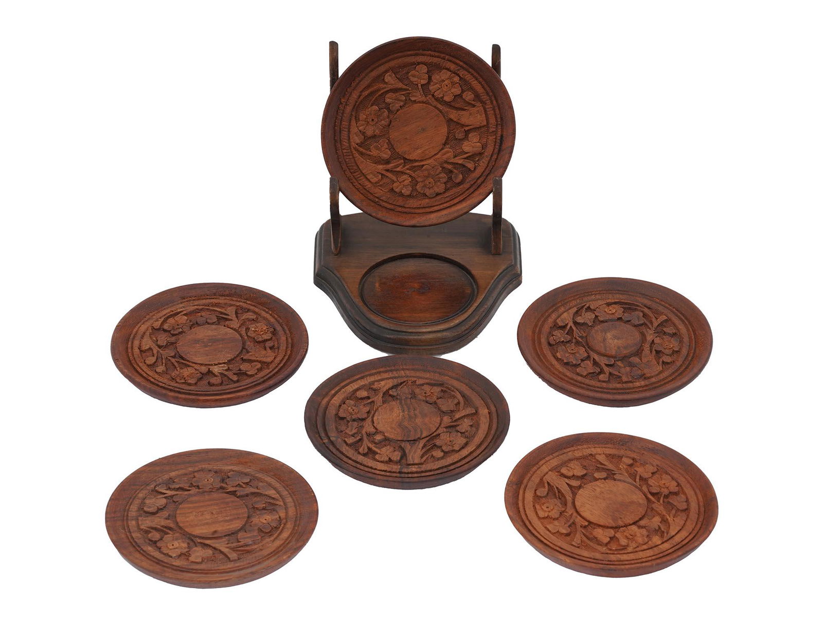 SET OF SIX HAND CARVED WOODEN COASTERS WITH STAND (1 of 8)