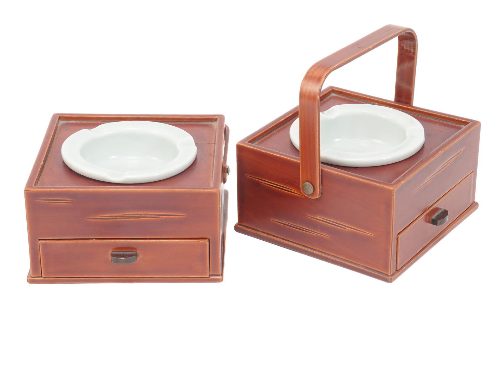 TWO CELADON ASHTRAYS WITH HANDLED WOODEN DRAWERS (1 of 4)