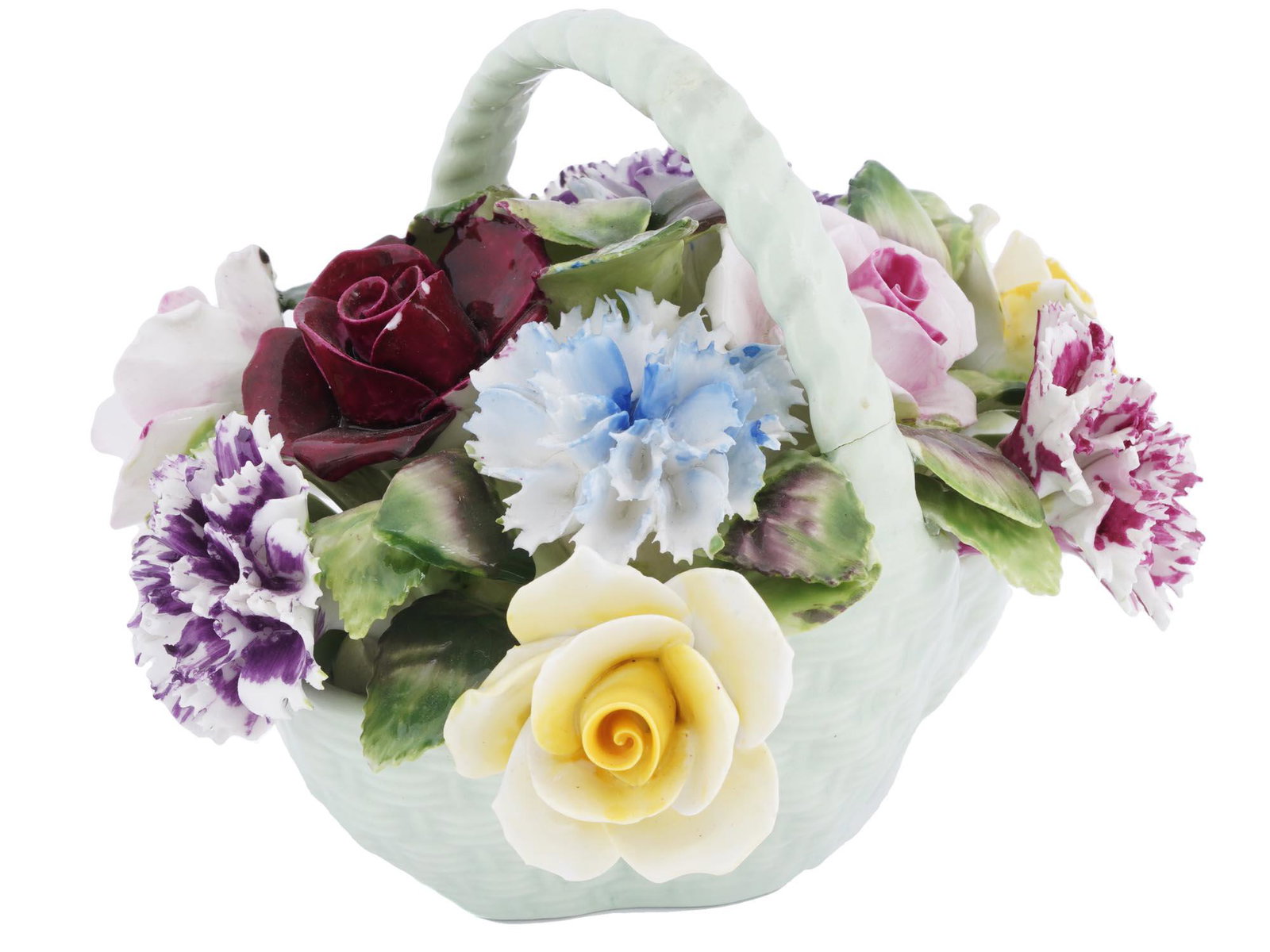 ENGLISH ROYAL ADDERLEY FLORAL PORCELAIN FIGURINE: An English, British, Royal Adderley glazed porcelain figurine by Royal Adderley. The figurine depicts a bouquet of flowers in a basket. Marked with a factory stamp and numbered on the bottom. Adderley