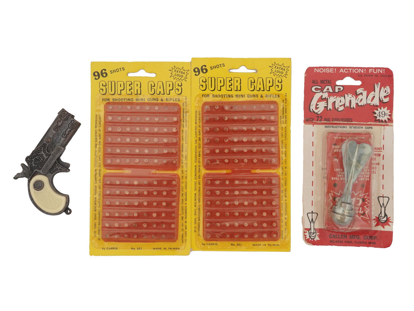 MID CENTURY DERRINGER TUCK AWAY PISTOL WITH CAPS: A mid-century miniature Derringer cap handgun. The lot also includes two sets of Super Caps For Shooting Mini Guns And Pistols by Carrib, 96 pieces each and an All Metal Cap Grenade by Callen Mfg. Cor
