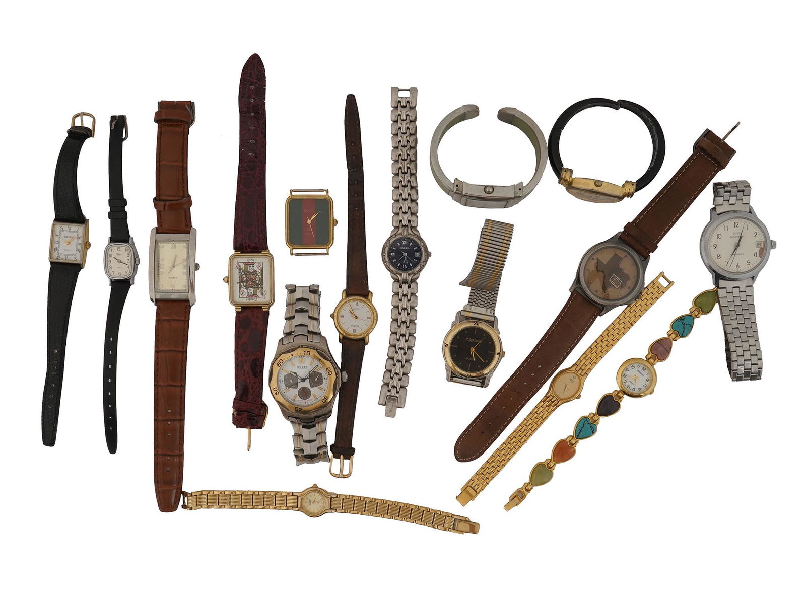 COLLECTION OF VARIOUS VINTAGE WRIST WATCHES: A collection of various vintage wrist watches with silver tone and gold tone metal or leather bracelets. The collection includes wrist watches, marked, Guess, Oleg Cassini, Seiko, Timex, Cardini, Citi