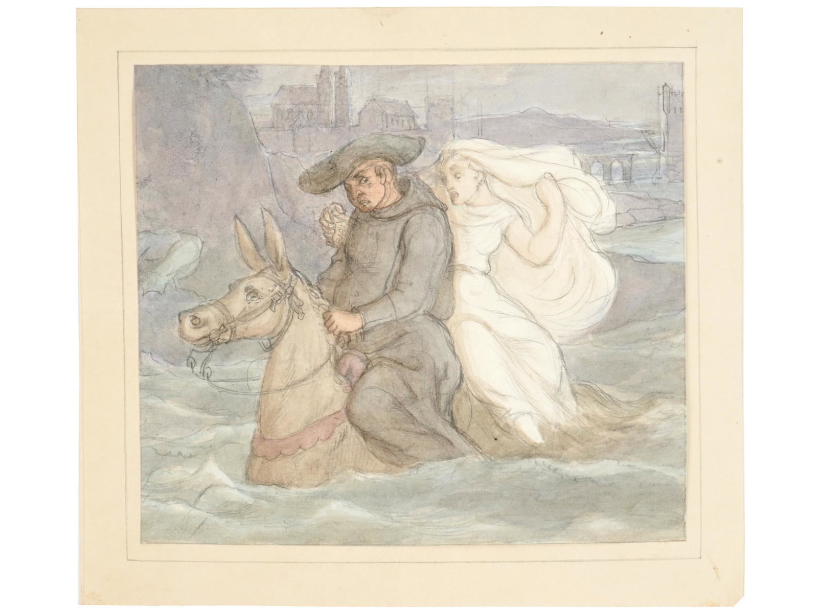 ANTIQUE 19TH C GERMAN PAINTING BY GERHARD SIPMANN: Watercolor and pencil on paper painting by Gerhard Sipmann, 1780 to 1866, a German painter and art teacher. The artwork is a sketch that represents a monk leading a horse with a young woman sitting be