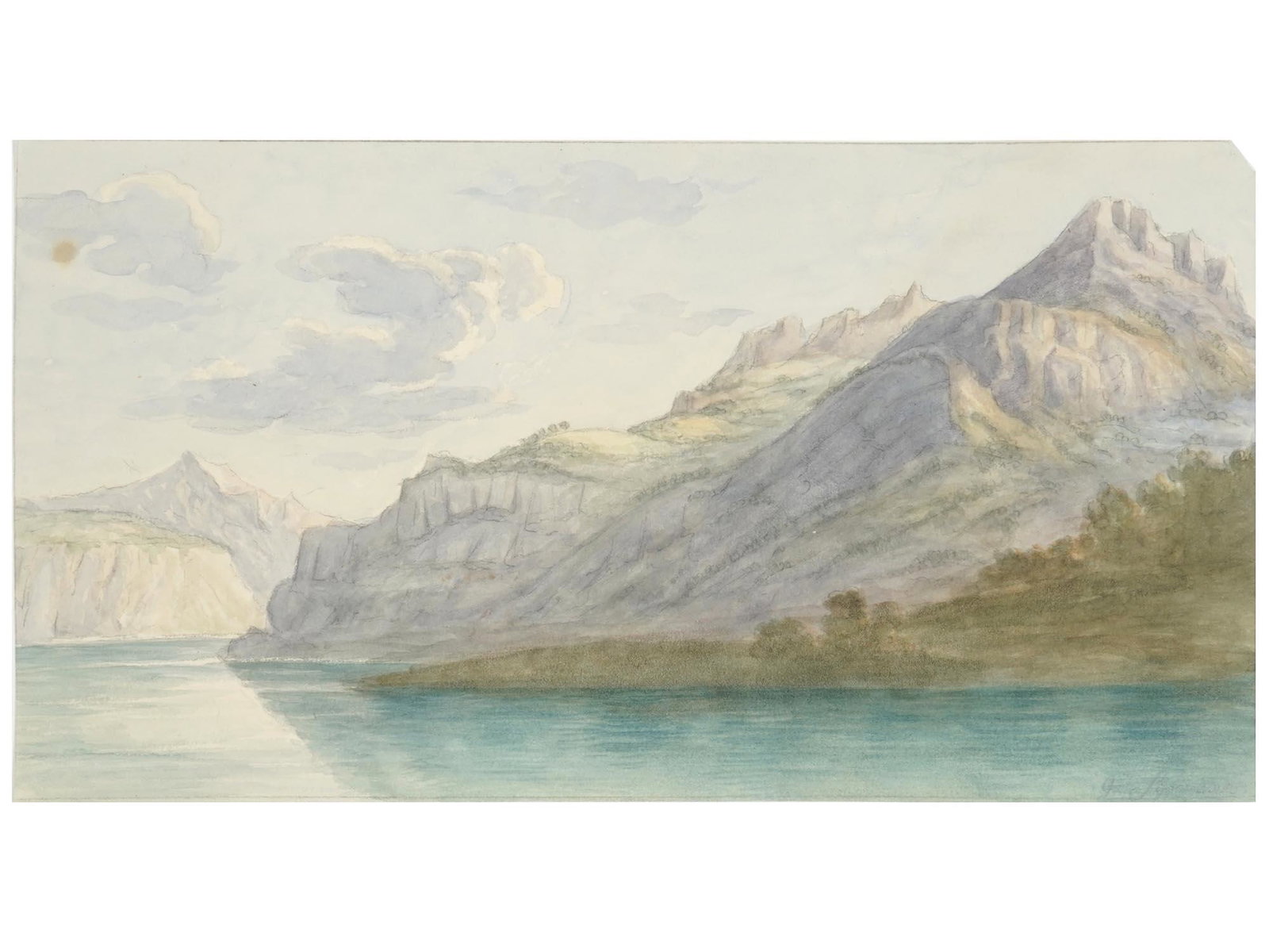 19TH CENTURY GERMAN PAINTING BY GERHARD SIPMANN: Gerhard Sipmann, German, 1790 to 1866, mixed media, watercolor and pencil, painting on paper depicting a mountain seascape. Signed lower right. Circa: early 19th century. Franz Gerhard Joseph Sippmann
