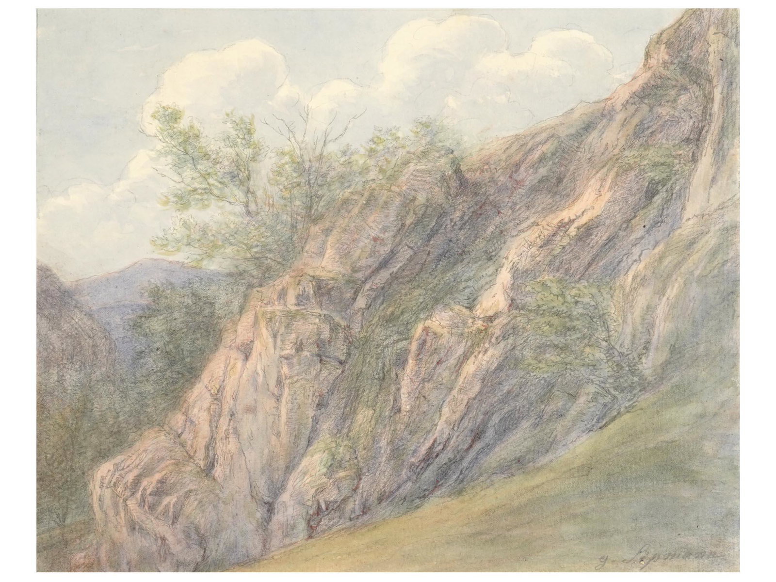 19TH CENTURY GERMAN PAINTING BY GERHARD SIPMANN: Gerhard Sipmann, German, 1790 to 1866, mixed media, watercolor and pencil, painting on paper depicting a landscape. Signed lower right. Circa: early 19th century. Franz Gerhard Joseph Sippmann, also S