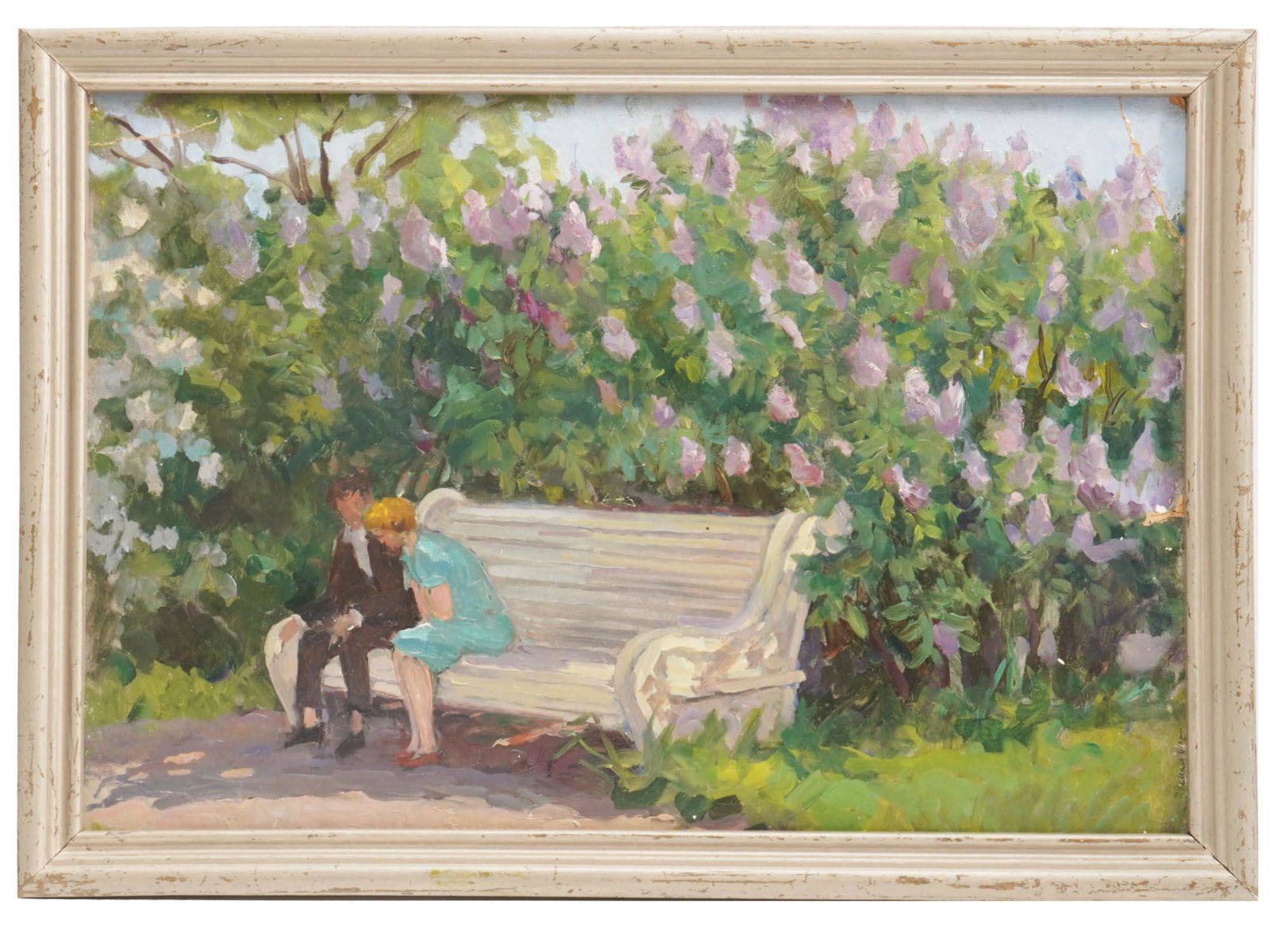 RUSSIAN SOVIET PAINTING LILAC BY SERGEY GERASIMOV: Sergey Gerasimov, Russian, 1885 to 1964, oil on canvas painting depicting a couple sitting on a bench under the blossoming bush trees, titled Lilac and dated 1959 to the back. Signed lower right. Fram