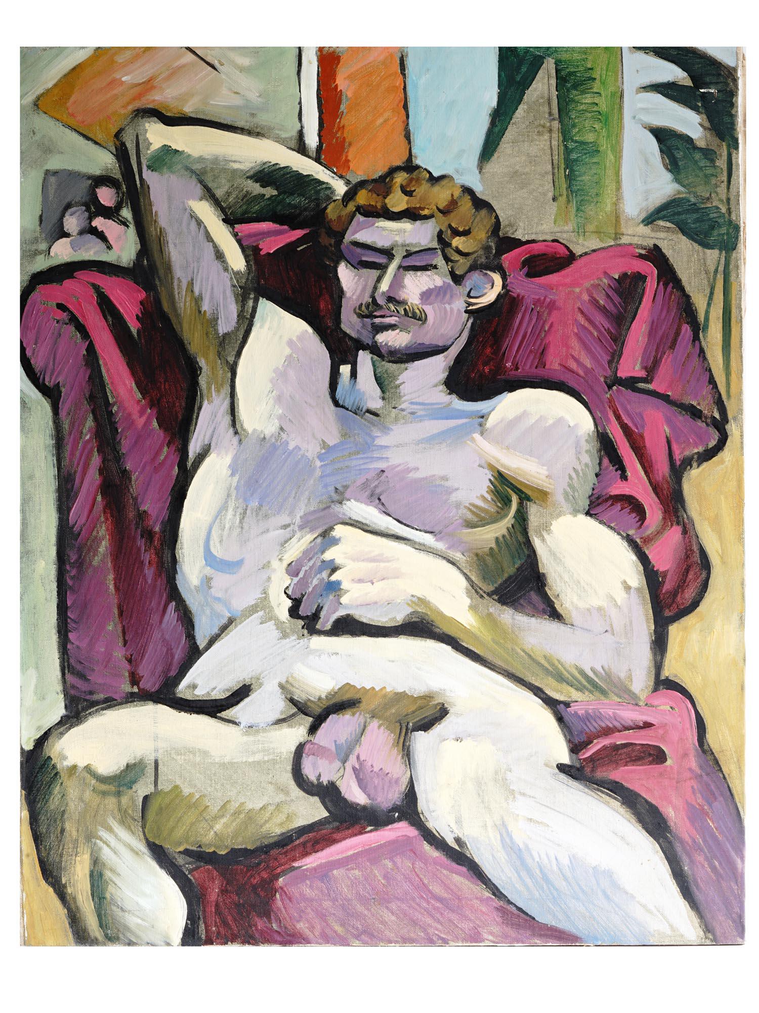 1930S GERMAN PORTRAIT OF NUDE MAN OIL PAINTING: A German oil painting on canvas depicting a portrait of a nude man in the manner of the Paris School. Circa: 1930s. Unsigned. Additionally inscribed and dated on the backside. European Modern Portrait