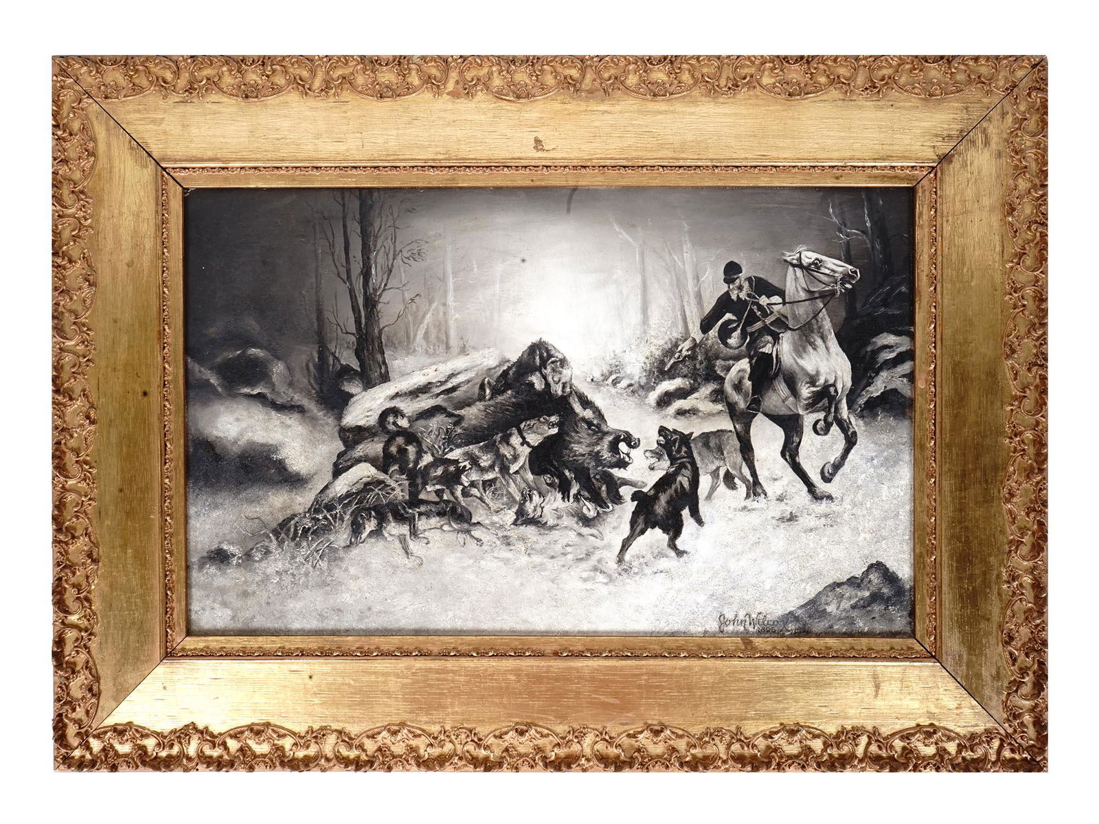 ANTIQUE WILD BOAR HUNT PAINTING BY JOHN WILCOX (1 of 4)