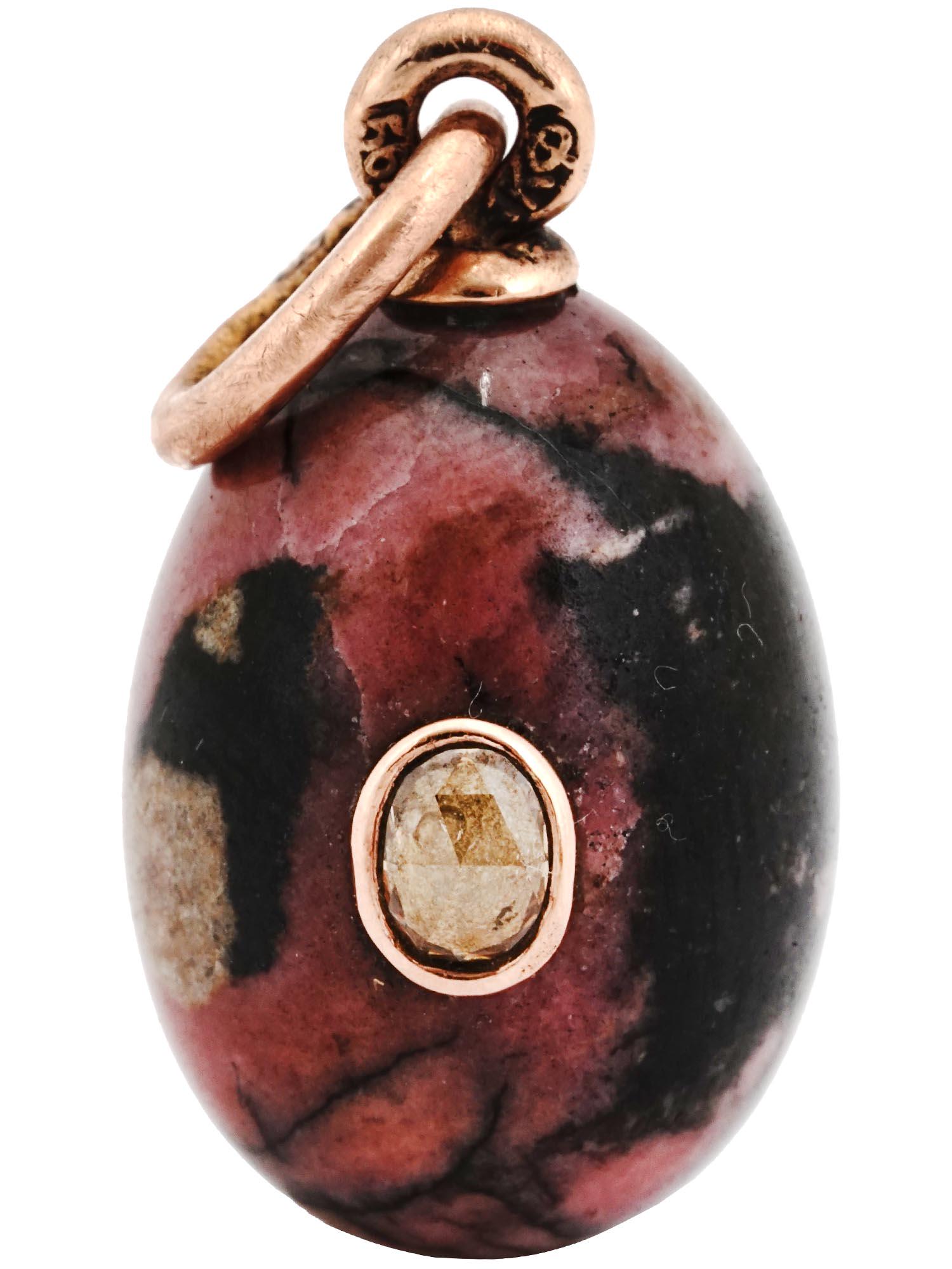 RUSSIAN 14K GOLD RHODONITE DIAMOND EGG PENDANT (1 of 4)