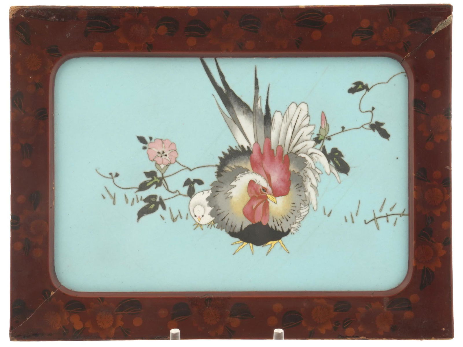JAPANESE CLOISONNE ENAMEL ROOSTER PLAQUE FRAMED (1 of 3)