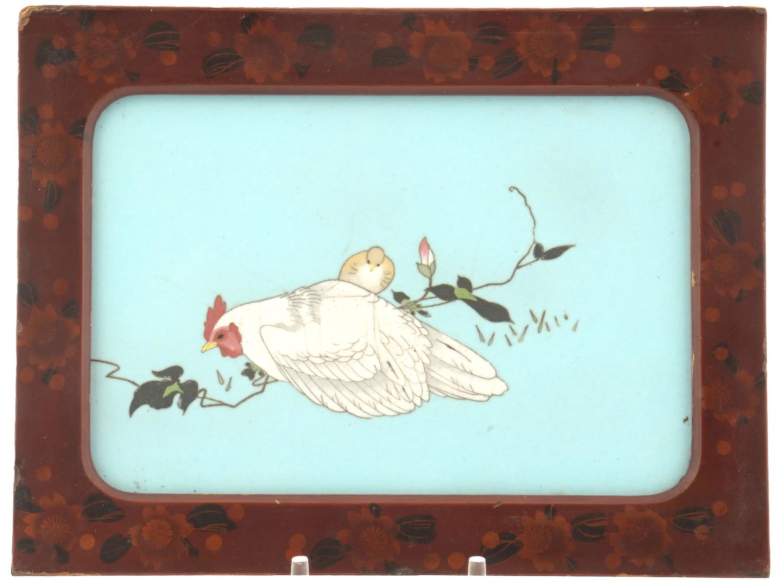 JAPANESE CLOISONNE ENAMEL CHICKEN PLAQUE FRAMED (1 of 3)